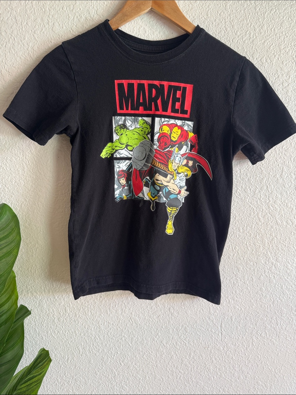 Marvel Black Tee with Red Logo & Yellow, Green Character Art